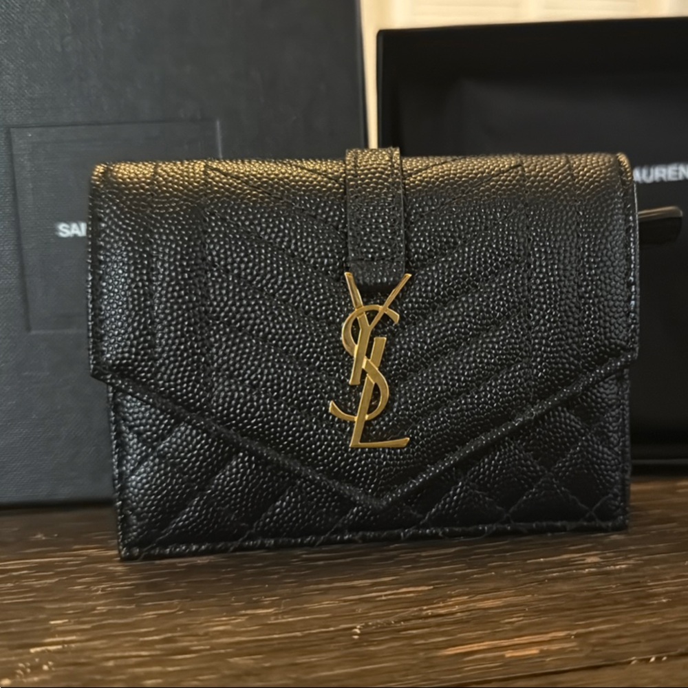 YSL Black Leather Wallet with Gold Logo